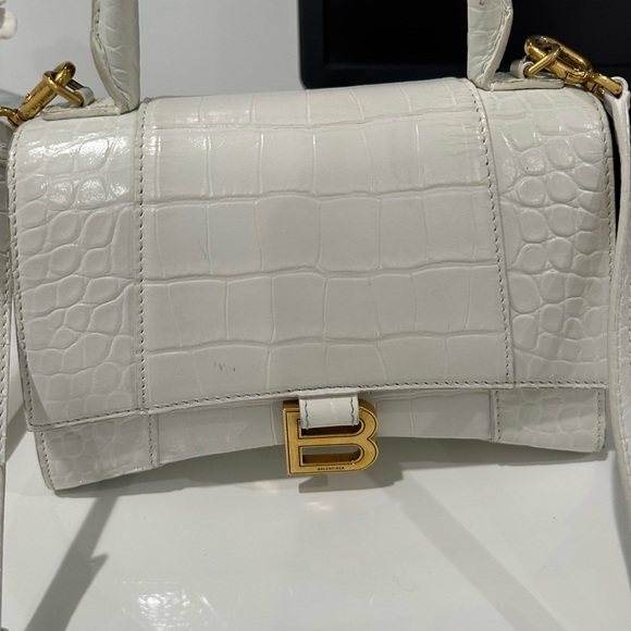 BALENCIAGA HOURGLASS SMALL HANDBAG CROCODILE WHITE W GOLD (dust bag too) - Picture 6 of 11